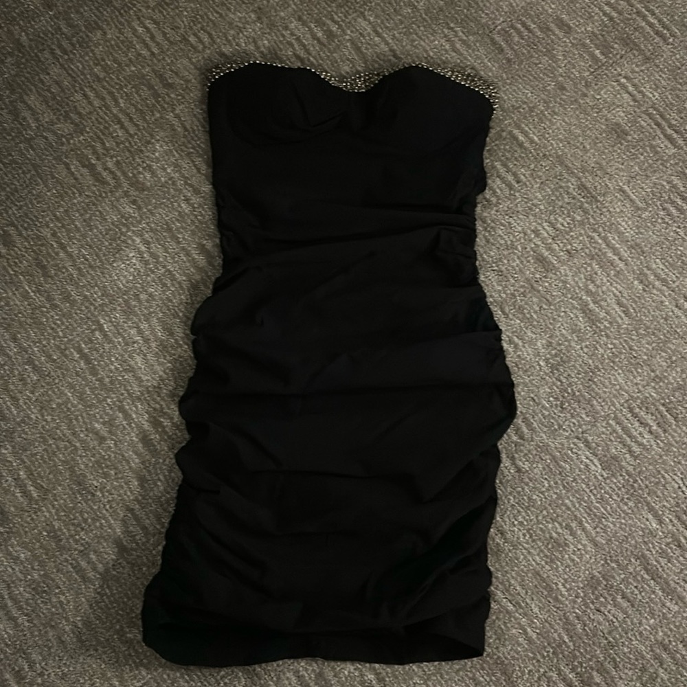 Black mini dress ruched/strapless/bodycon
